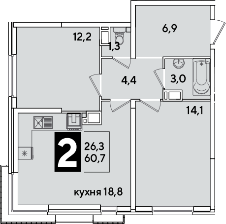 3-комн., 60.7 м², 10/16 этаж, ЖК «Самолет»