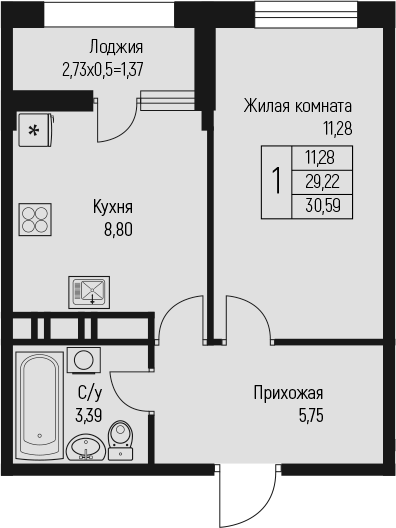 1-комн., 29.22 м², 8/10 этаж, ЖК «Ритм»