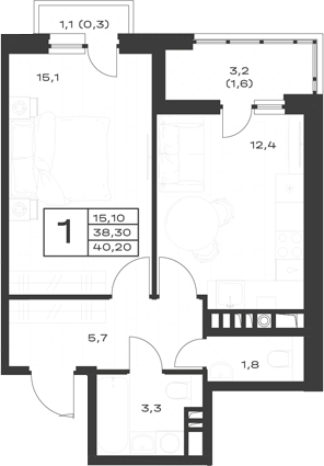 1-комн., 38.3 м², 4/4 этаж, ЖК «ЭкоСфера. ГК Во-первых»