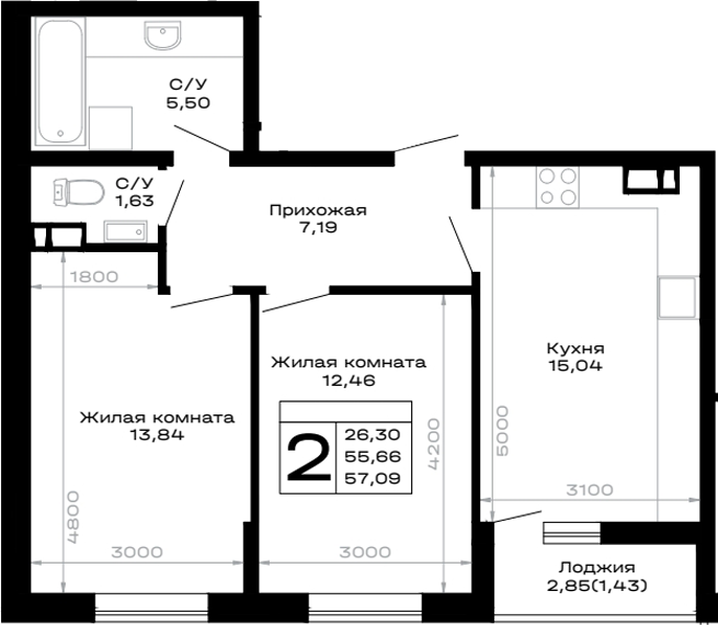 2-комн., 55.66 м², 13/14 этаж, ЖК «Горные высоты»
