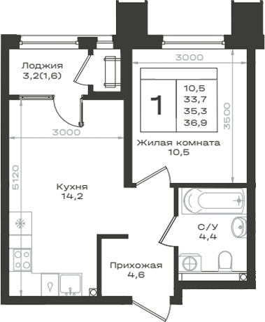 1-комн., 33.7 м², 2/12 этаж, ЖК «Нагория»