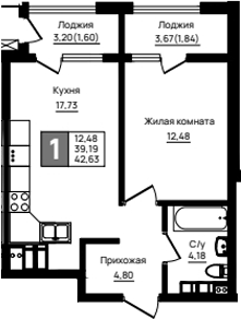 1-комн., 39.19 м², 10/18 этаж, ЖК «Резиденция морей»
