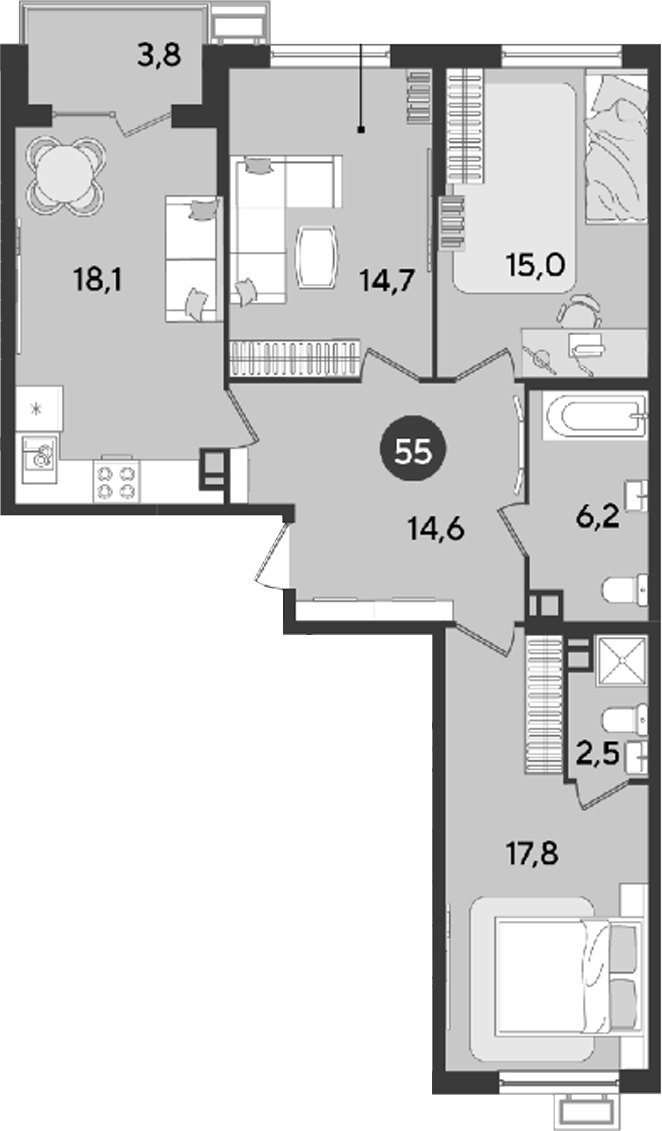 3-комн., 88.9 м², 4/9 этаж, ЖК «Парк Победы»