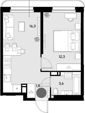 2-комн., 34 м², 13/16 этаж, ЖК «Грейд»