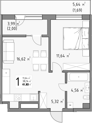 1-комн., 38.14 м², 3/15 этаж, ЖК «Коллекция»