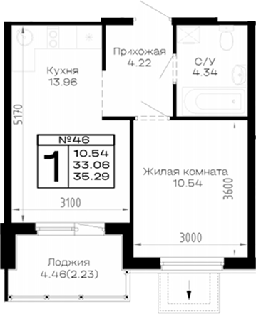 1-комн., 33.06 м², 1/4 этаж, ЖК «Усадьба Гостагаевская»
