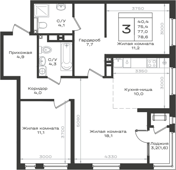 3-комн., 75.4 м², 9/14 этаж, ЖК «Нагория»