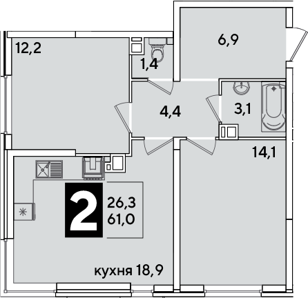 3-комн., 61 м², 5/16 этаж, ЖК «Самолет»
