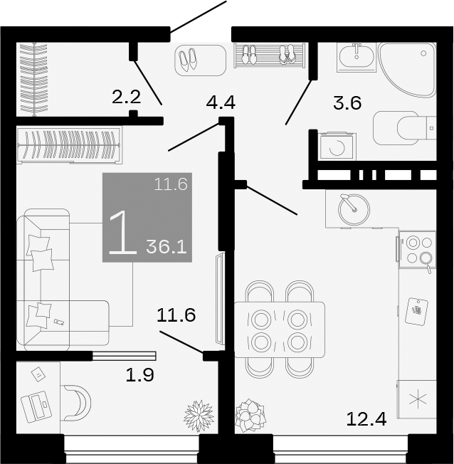 1-комн., 34.2 м², 4/8 этаж, ЖК «Хозяин Морей»