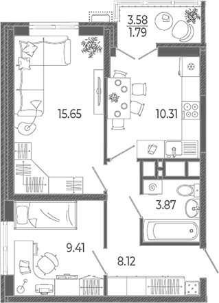 2-комн., 47.36 м², 20/21 этаж, ЖК «Эстет»