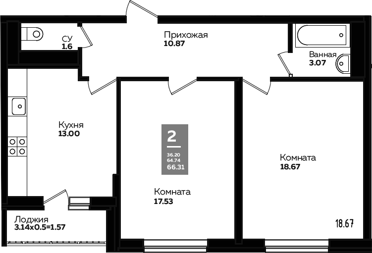 2-комн., 63.33 м², 18/24 этаж, ЖК «Левада»