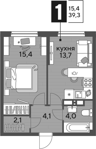 1-комн., 39.3 м², 10/16 этаж, ЖК «DОГМА ПАРК»