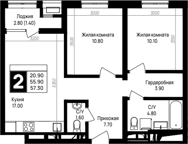 2-комн., 55.9 м², 9/9 этаж, ЖК «На высоком берегу»