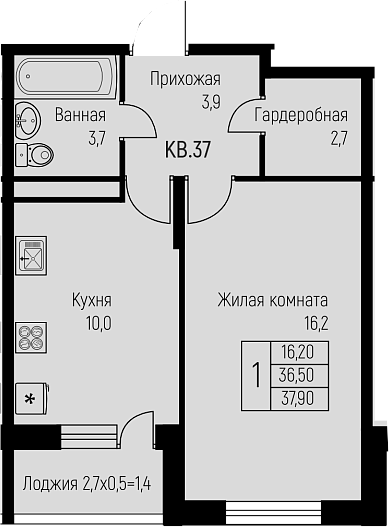 1-комн., 36.5 м², 3/3 этаж, ЖК «Nova Vita»