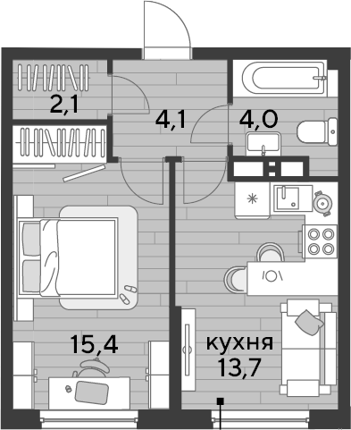 1-комн., 39.3 м², 14/16 этаж, ЖК «DОГМА ПАРК»