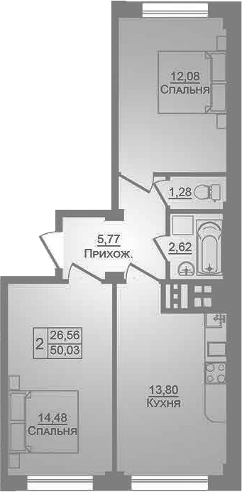 Продается 2-комн. квартира, 50.03 м²