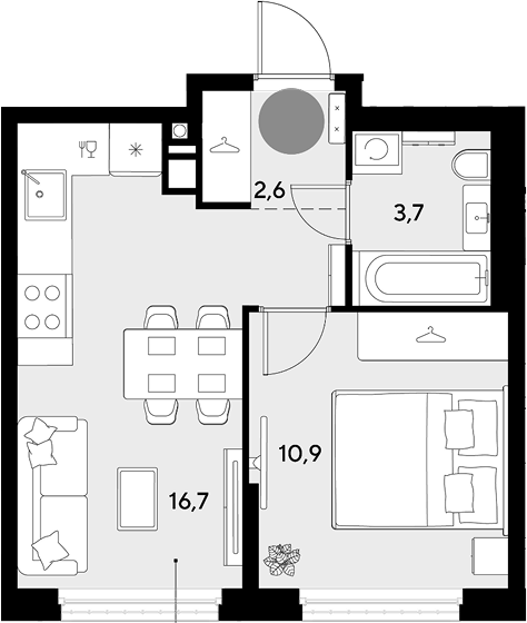 1-комн., 33.9 м², 9/9 этаж, ЖК «Грейд»