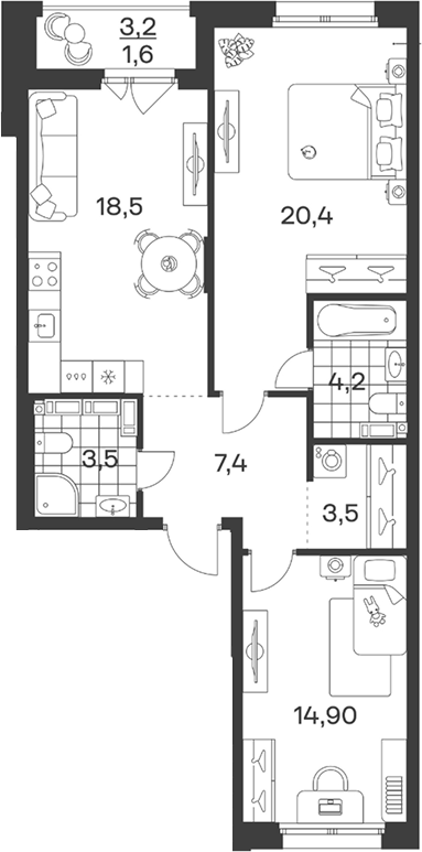 3-комн., 72.4 м², 4/12 этаж, ЖК «Символ. ГК Трест»