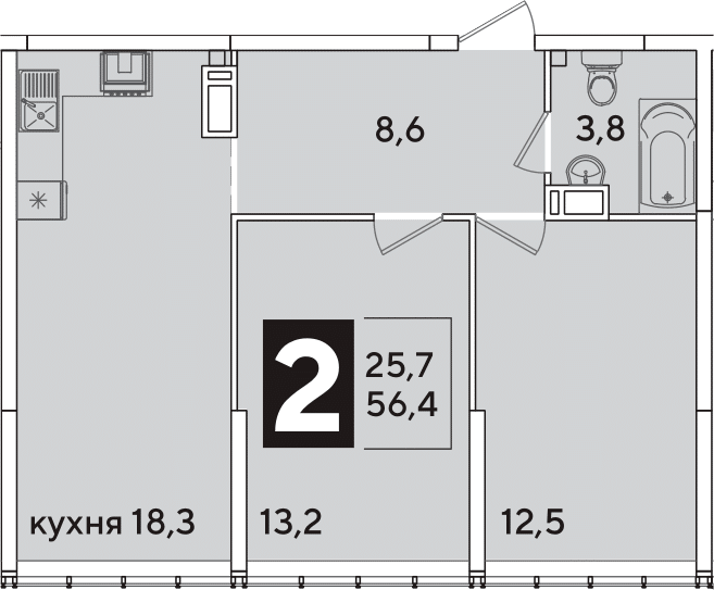 3-комн., 56.4 м², 15/16 этаж, ЖК «Самолет»