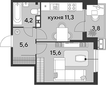 1-комн., 36.7 м², 8/9 этаж, ЖК «Парк Победы»