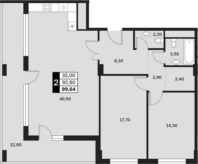 2-комн., 92.8 м², 11/15 этаж, ЖК «Аксис Патриот»