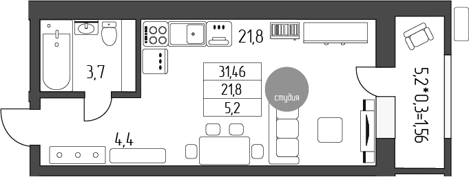 Студия, 29.9 м², 1/5 этаж, ЖК «Лермонтов»