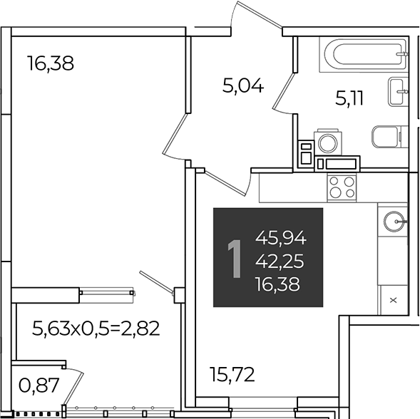 1-комн., 42.25 м², 6/21 этаж, ЖК «Образцово»