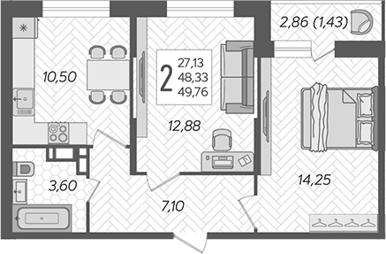 2-комн., 48.33 м², 1/16 этаж, ЖК «Смородина»