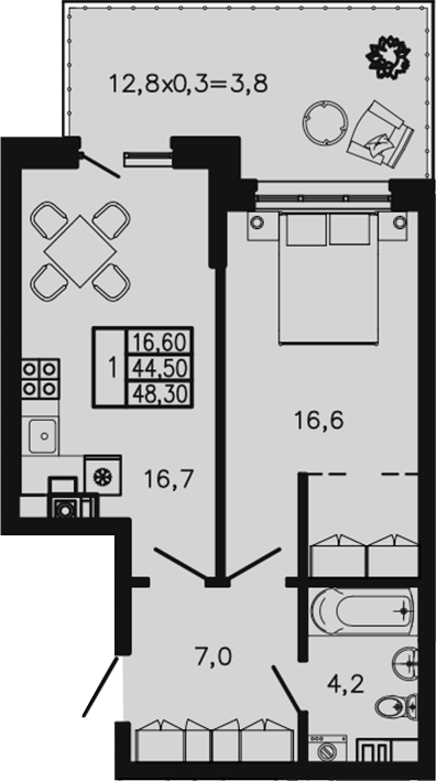 1-комн., 44.5 м², 1/4 этаж, ЖК «Экосфера»