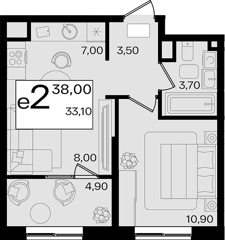 2-комн., 33.1 м², 6/9 этаж, ЖК «Патрики»