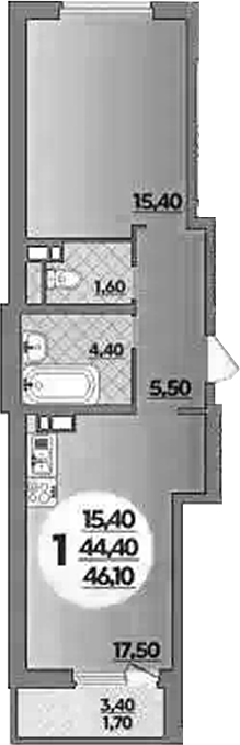 1-комн., 44.6 м², 11/18 этаж, ЖК «Парк у дома»