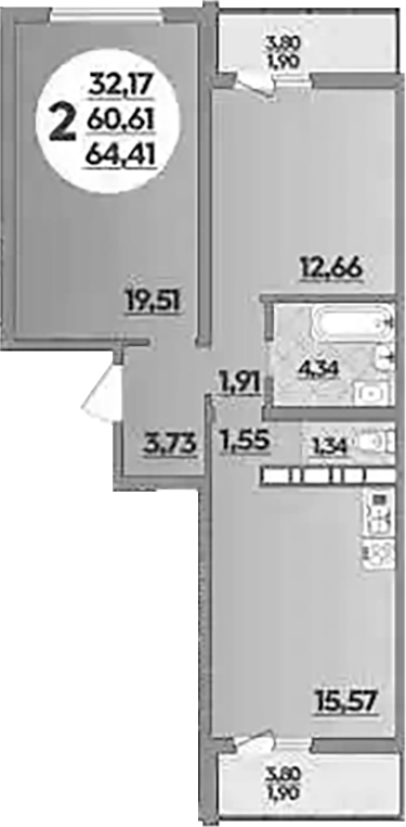 2-комн., 60.61 м², 9/9 этаж, ЖК «Предгорье Лаго-Наки»
