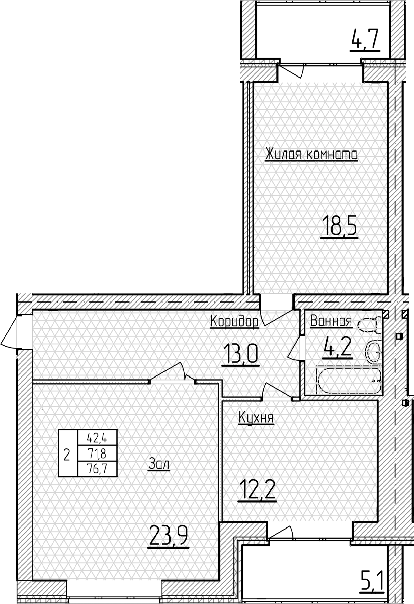 2-комн., 71.8 м², 4/5 этаж, ЖК «Фестивальный»