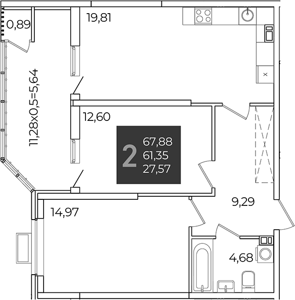 2-комн., 61.35 м², 5/21 этаж, ЖК «Образцово»