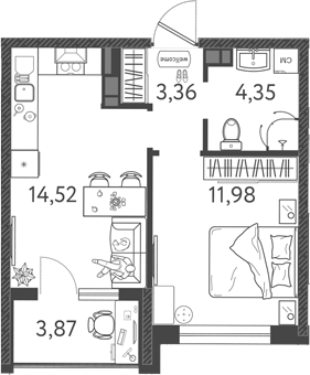 1-комн., 34.21 м², 5/9 этаж, ЖК «Друзья»