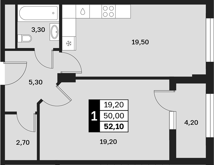 1-комн., 50 м², 7/12 этаж, ЖК «Аксис Патриот»