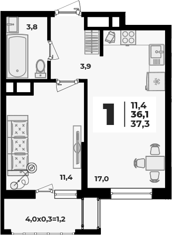 2-комн., 36.1 м², 1/8 этаж, ЖК «Родной дом 5»