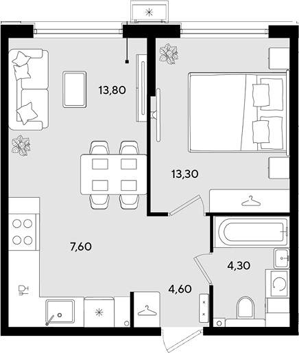 1-комн., 43.6 м², 2/9 этаж, ЖК «Порто-Ново»