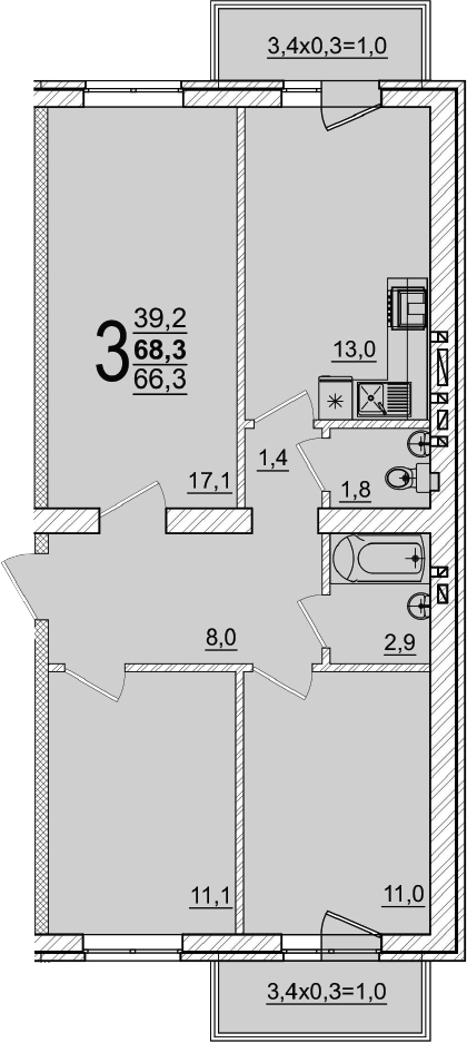 3-комн., 66.3 м², 5/5 этаж, ЖК «Дарград»
