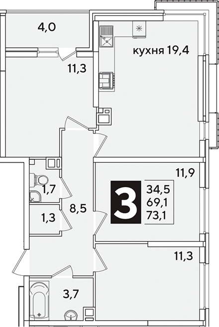 4+ комнаты, 69.1 м², 4/16 этаж, ЖК «Самолет»