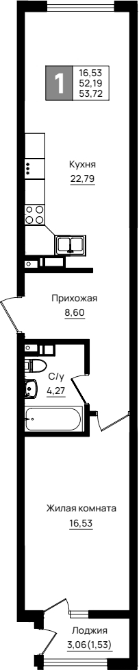 1-комн., 52.19 м², 8/9 этаж, ЖК «Резиденция морей»