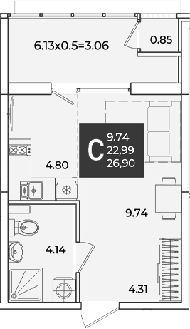 Студия, 22.99 м², 2/18 этаж, ЖК «Образцово»