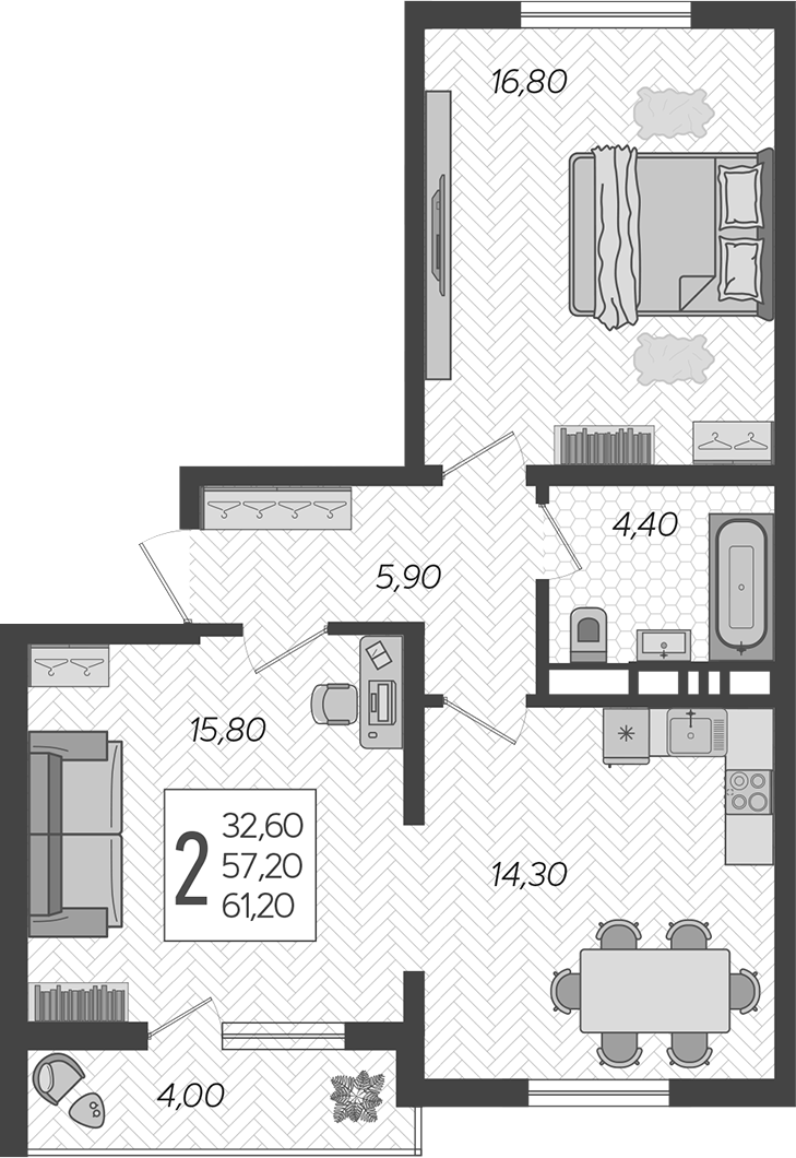 2-комн., 57.2 м², 4/10 этаж, ЖК «Горный квартал»