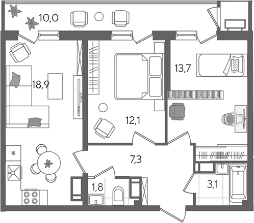 3-комн., 56.9 м², 22/24 этаж, ЖК «Рекорд»