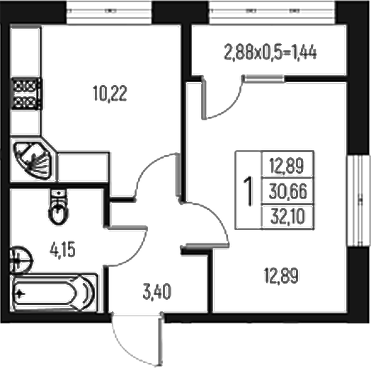 1-комн., 30.66 м², 2/7 этаж, ЖК «Атаманский Сад»
