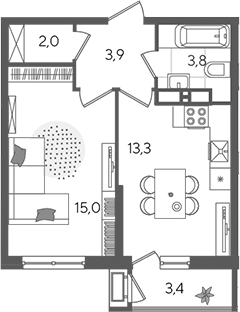 1-комн., 38 м², 12/24 этаж, ЖК «Рекорд»