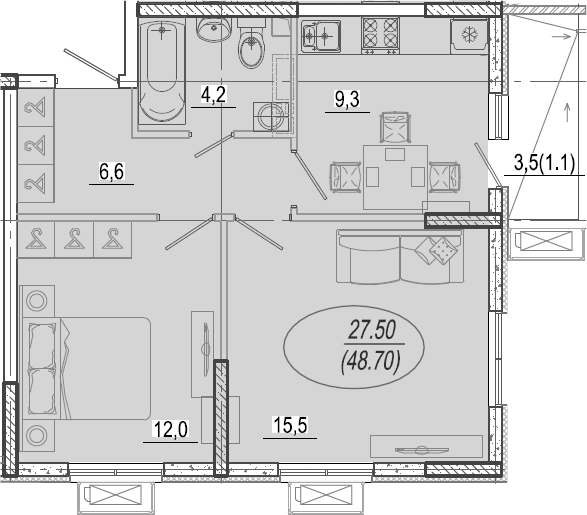 2-комн., 47.6 м², 1/9 этаж, ЖК «Микрорайон Южане»