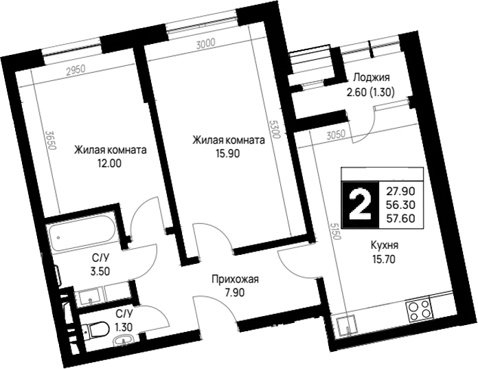 2-комн., 56.3 м², 6/12 этаж, ЖК «На высоком берегу»