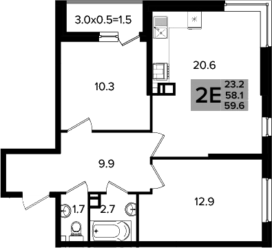 3-комн., 58.1 м², 8/16 этаж, ЖК «Сармат»