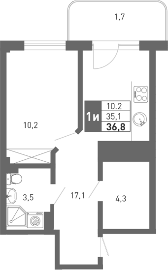 1-комн., 34.6 м², 2/3 этаж, ЖК «Монако»